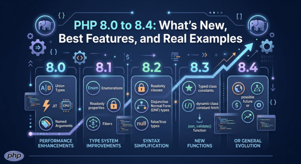 PHP من 8.0 إلى 8.4: ما الجديد، أفضل الميزات، وأمثلة عملية